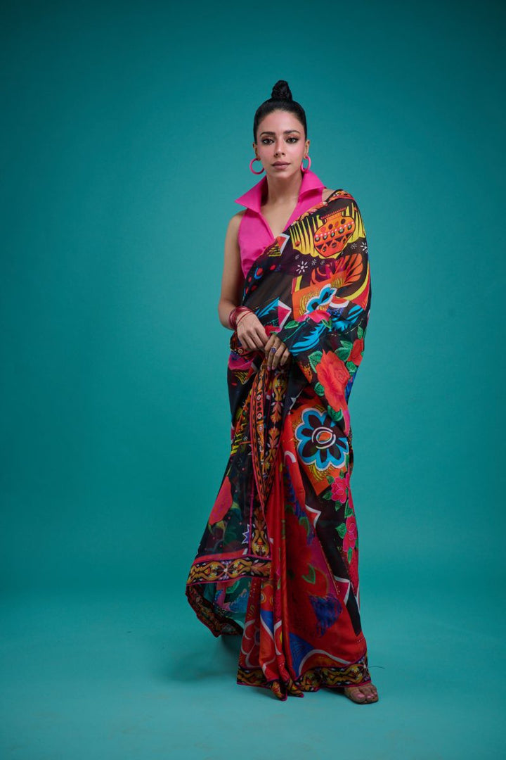 Gulabo - SORAYA SARI - Blended Chiffon - Black & Multi - 1 Piece