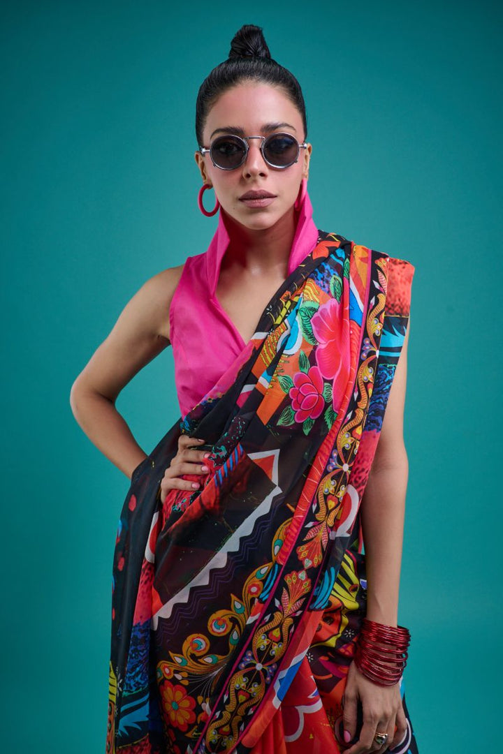 Gulabo - SORAYA SARI - Blended Chiffon - Black & Multi - 1 Piece