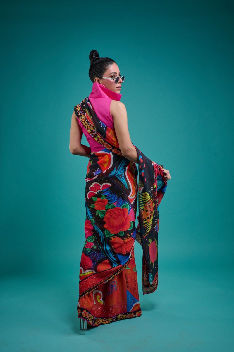 Gulabo - SORAYA SARI - Blended Chiffon - Black & Multi - 1 Piece