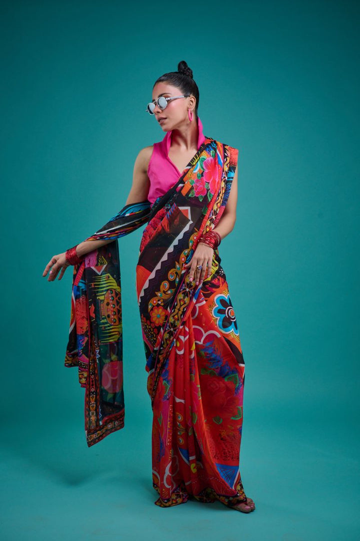 Gulabo - SORAYA SARI - Blended Chiffon - Black & Multi - 1 Piece