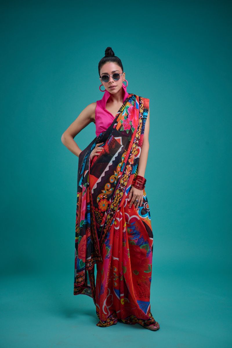 Gulabo - SORAYA SARI - Blended Chiffon - Black & Multi - 1 Piece