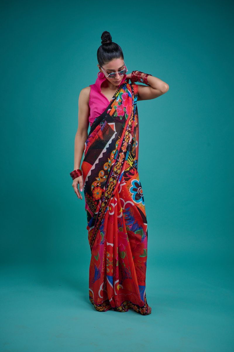 Gulabo - SORAYA SARI - Blended Chiffon - Black & Multi - 1 Piece