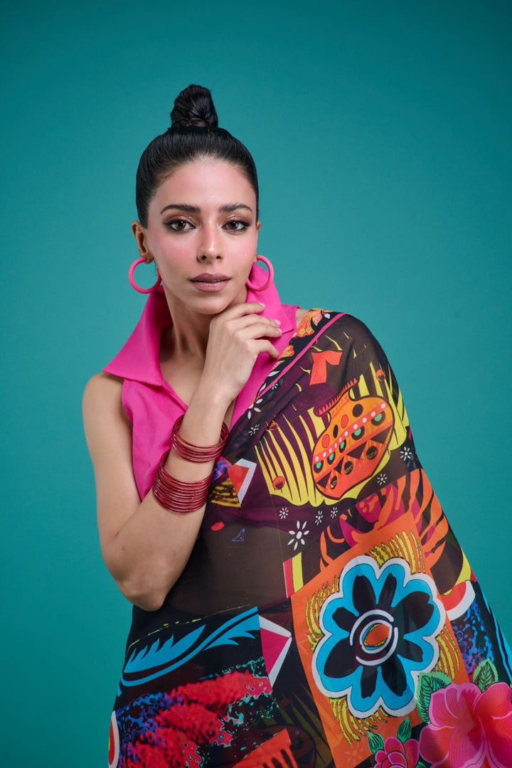 Gulabo - SORAYA SARI - Blended Chiffon - Black & Multi - 1 Piece