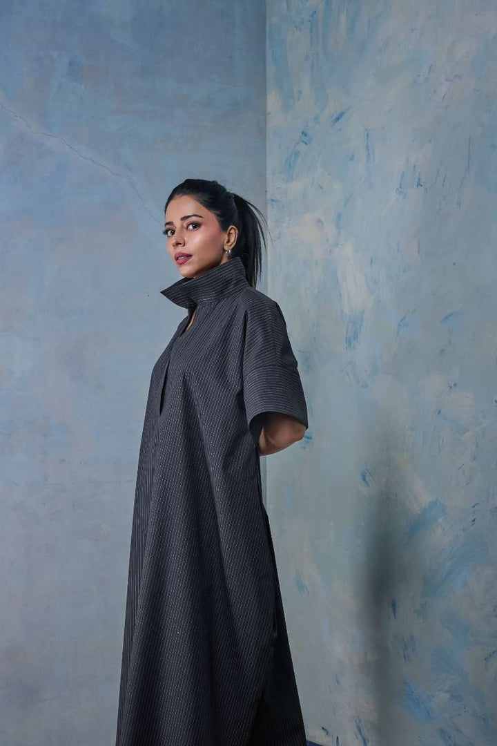 Gulabo - Pinstripe Dress - Pure Egyptian Cotton - Blackish Grey - 1 Piece