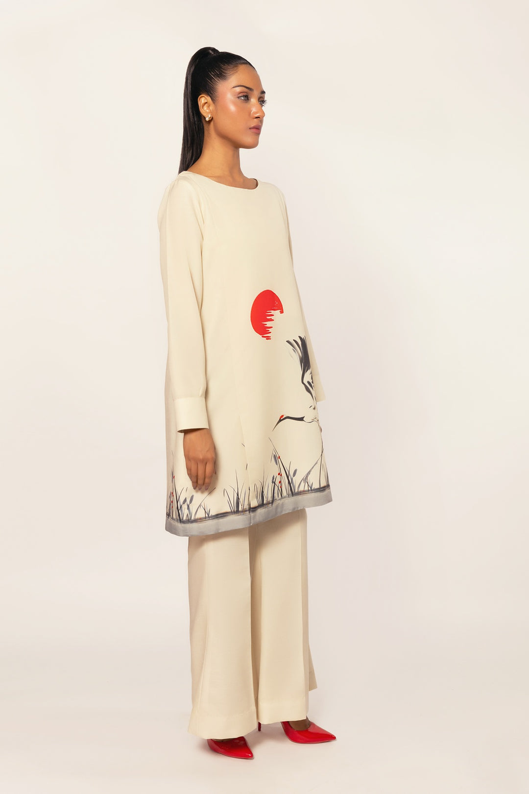 Gulenoor The Red Sun Crane Co-ord set Dull White 2 Piece