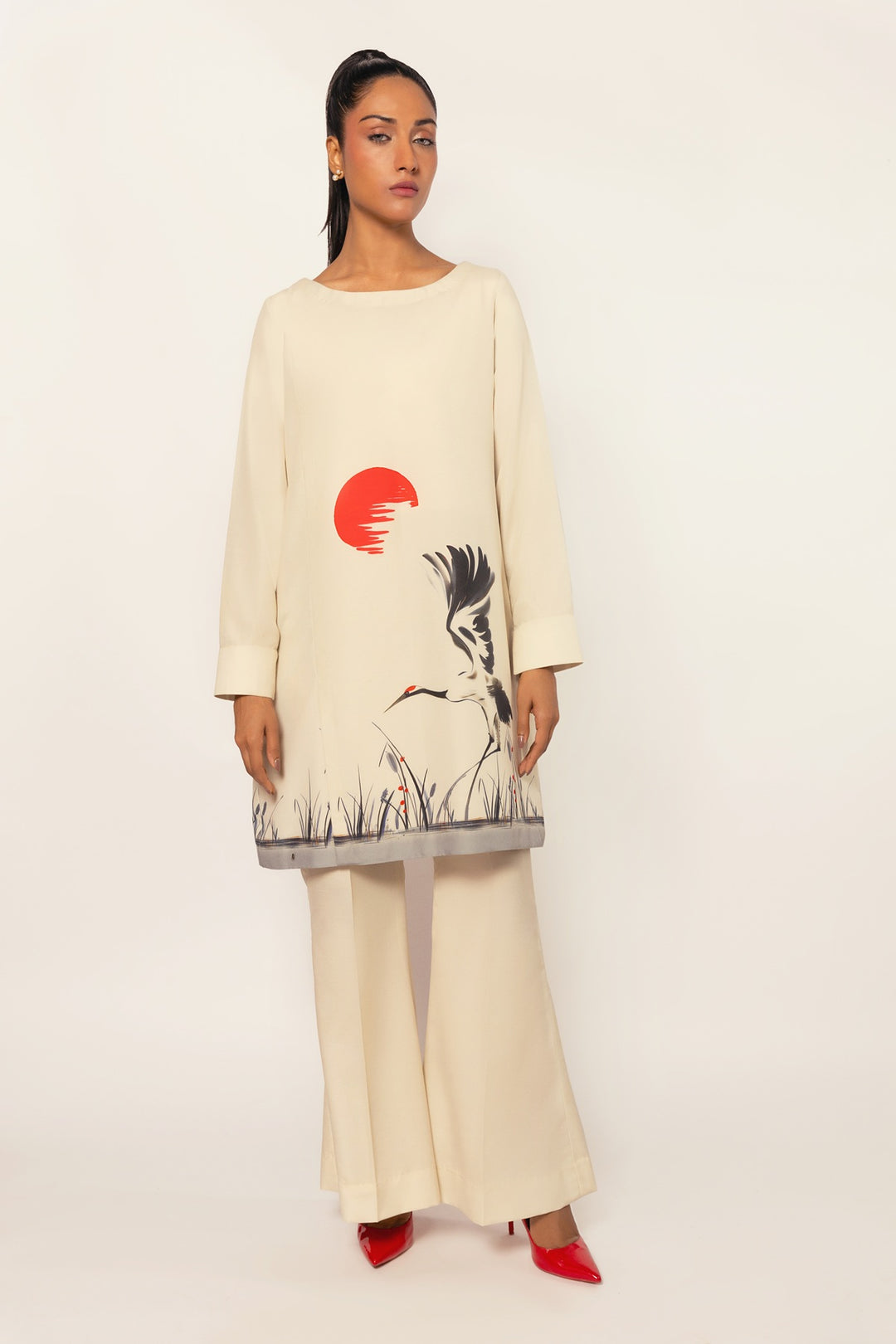 Gulenoor The Red Sun Crane Co-ord set Dull White 2 Piece