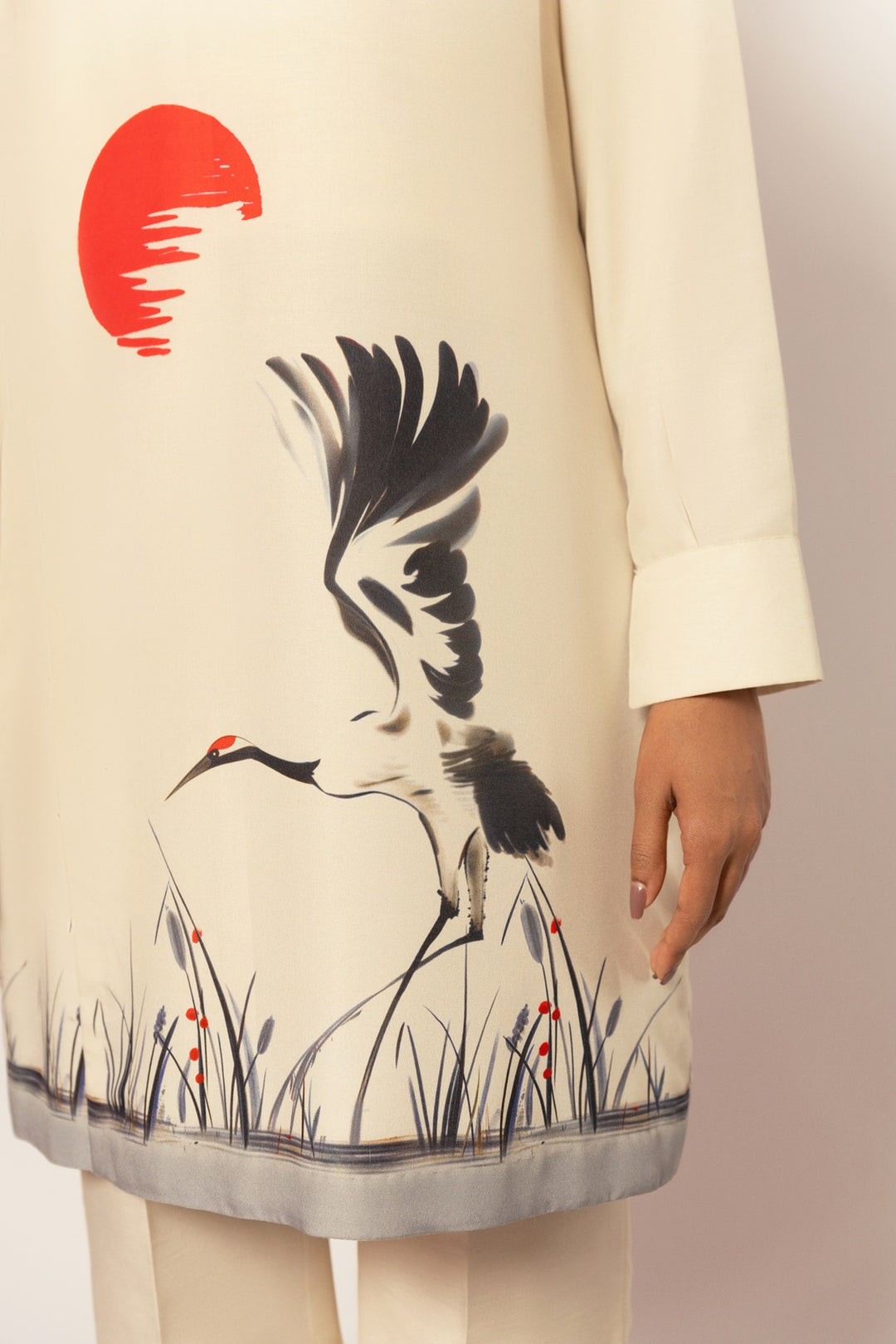 Gulenoor The Red Sun Crane Co-ord set Dull White 2 Piece