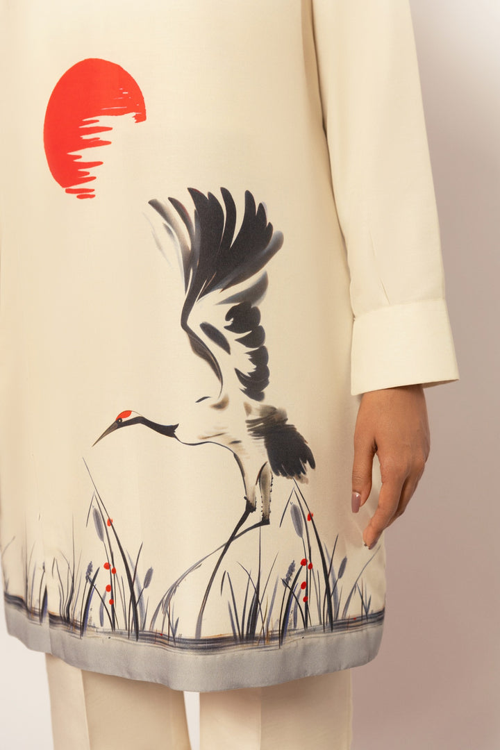 Gulenoor The Red Sun Crane Co-ord set Dull White 2 Piece