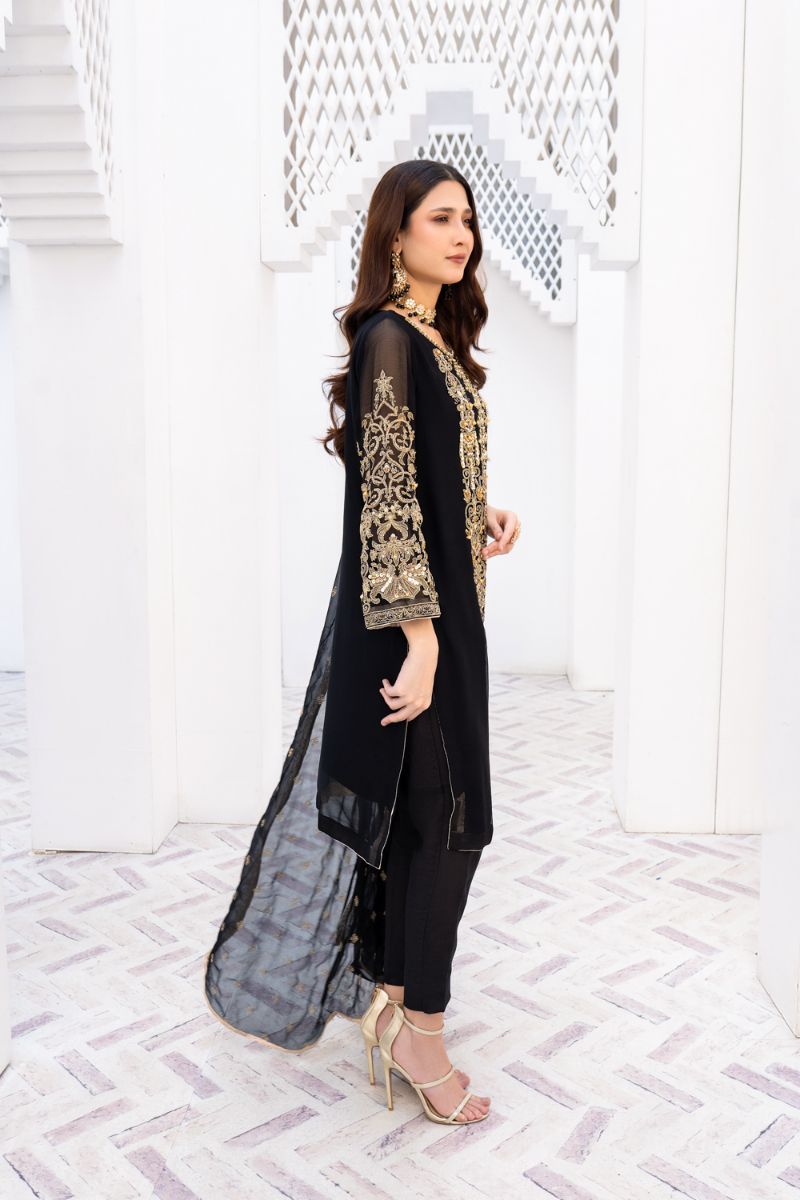 Laleen - Gulerukh Black Chiffon Suit For Women - Black - 3 Piece