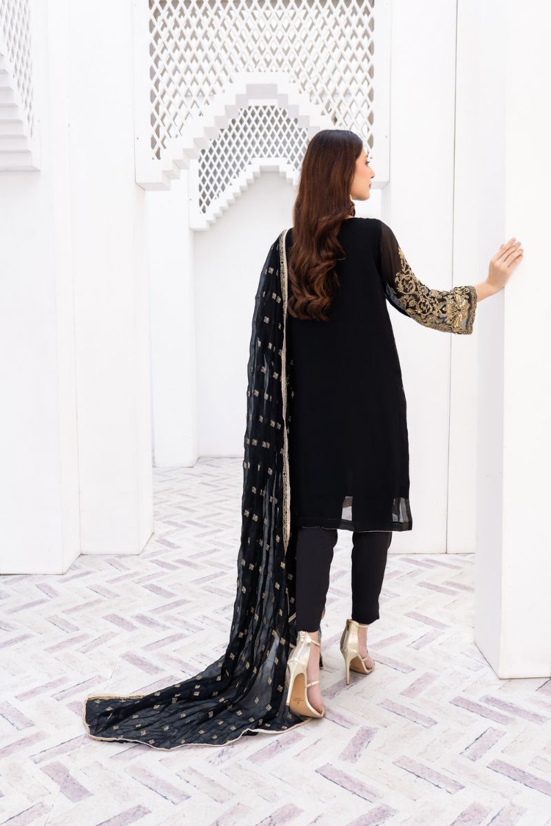Laleen - Gulerukh Black Chiffon Suit For Women - Black - 3 Piece