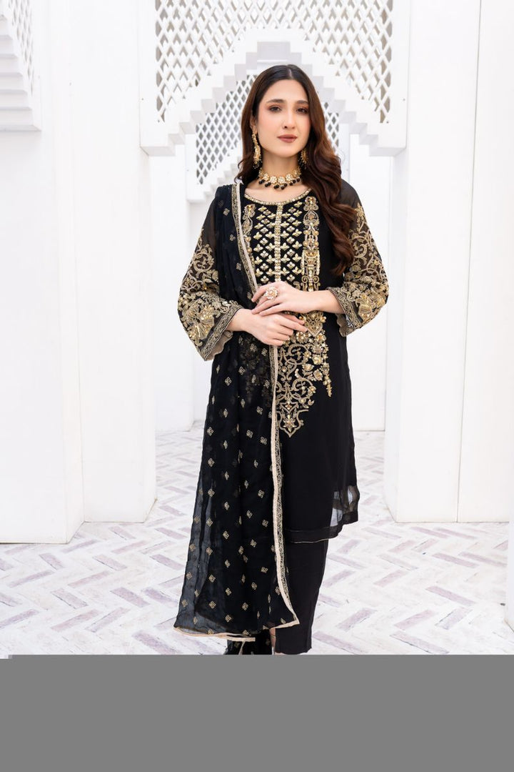 Laleen - Gulerukh Black Chiffon Suit For Women - Black - 3 Piece