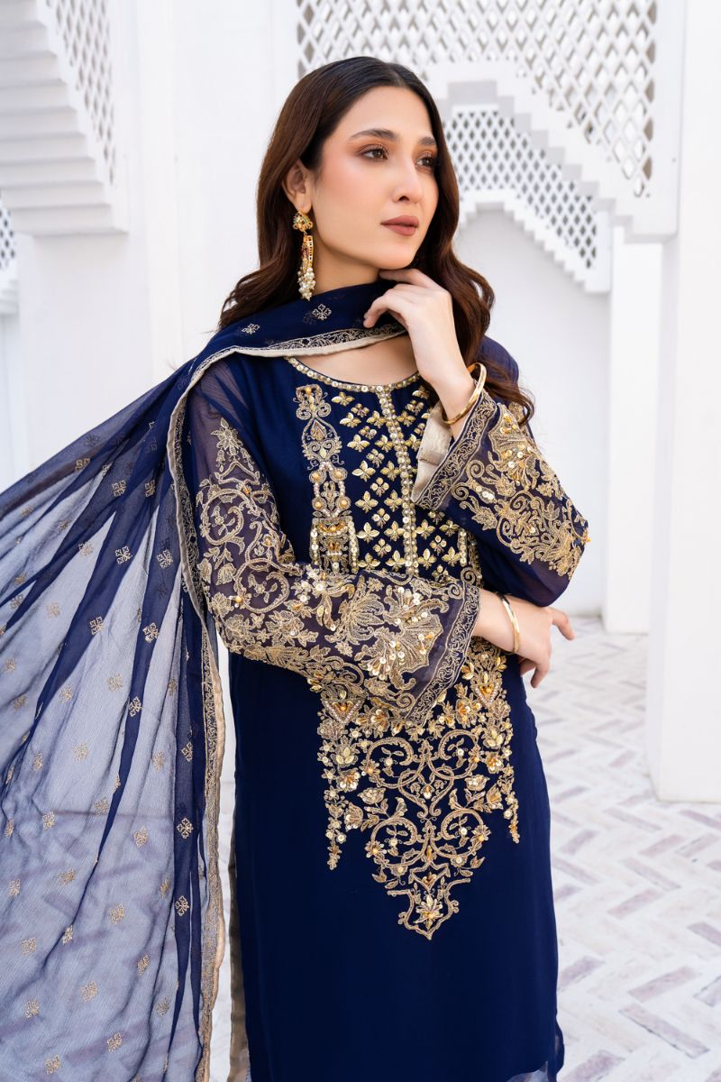Laleen - Gulerukh Blue Chiffon Suit For Women - Blue - 3 Piece