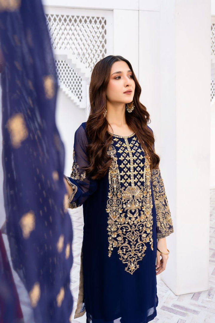 Laleen - Gulerukh Blue Chiffon Suit For Women - Blue - 3 Piece