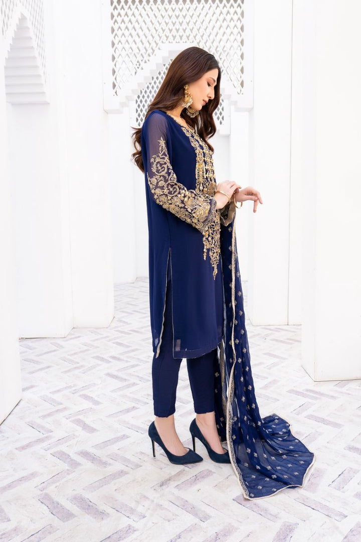 Laleen - Gulerukh Blue Chiffon Suit For Women - Blue - 3 Piece
