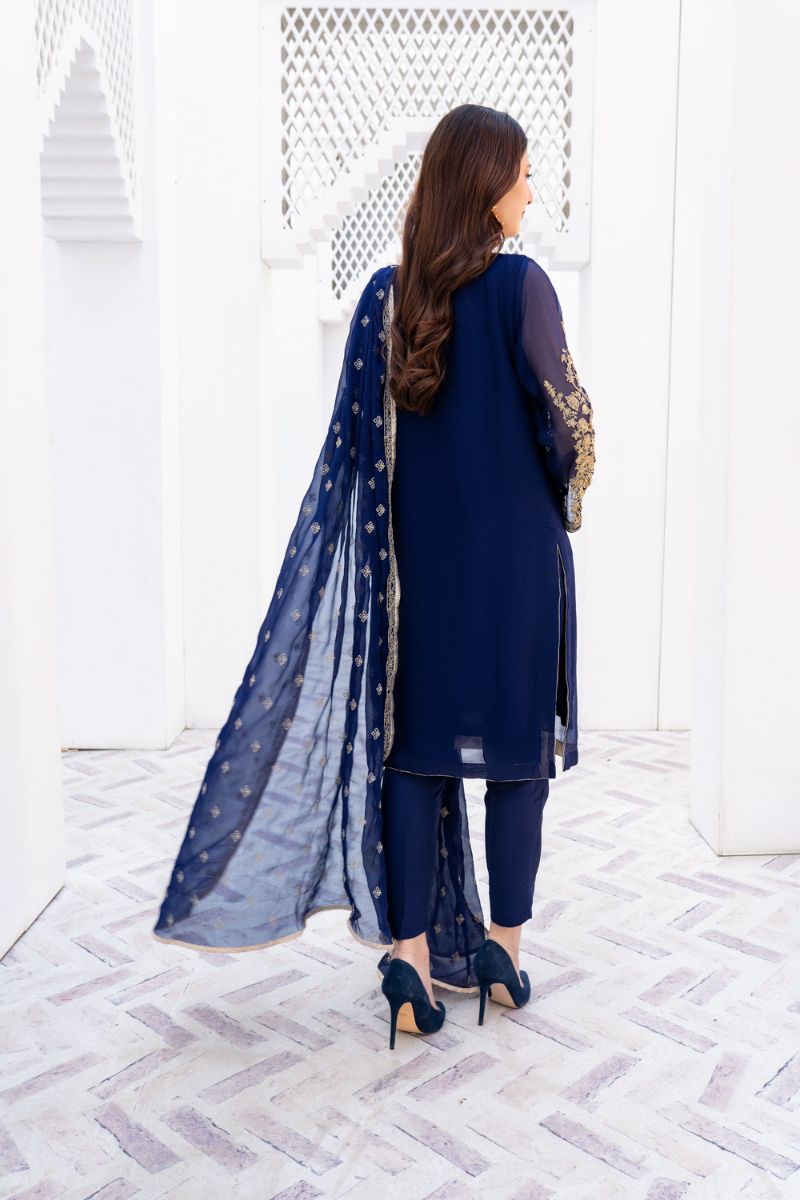 Laleen - Gulerukh Blue Chiffon Suit For Women - Blue - 3 Piece