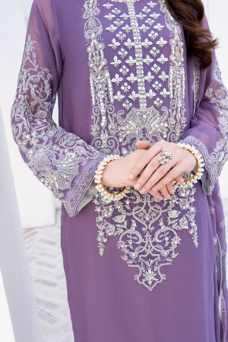 Laleen - Gulerukh Lilac Chiffon Suit For Women - Lilac - 3 Piece