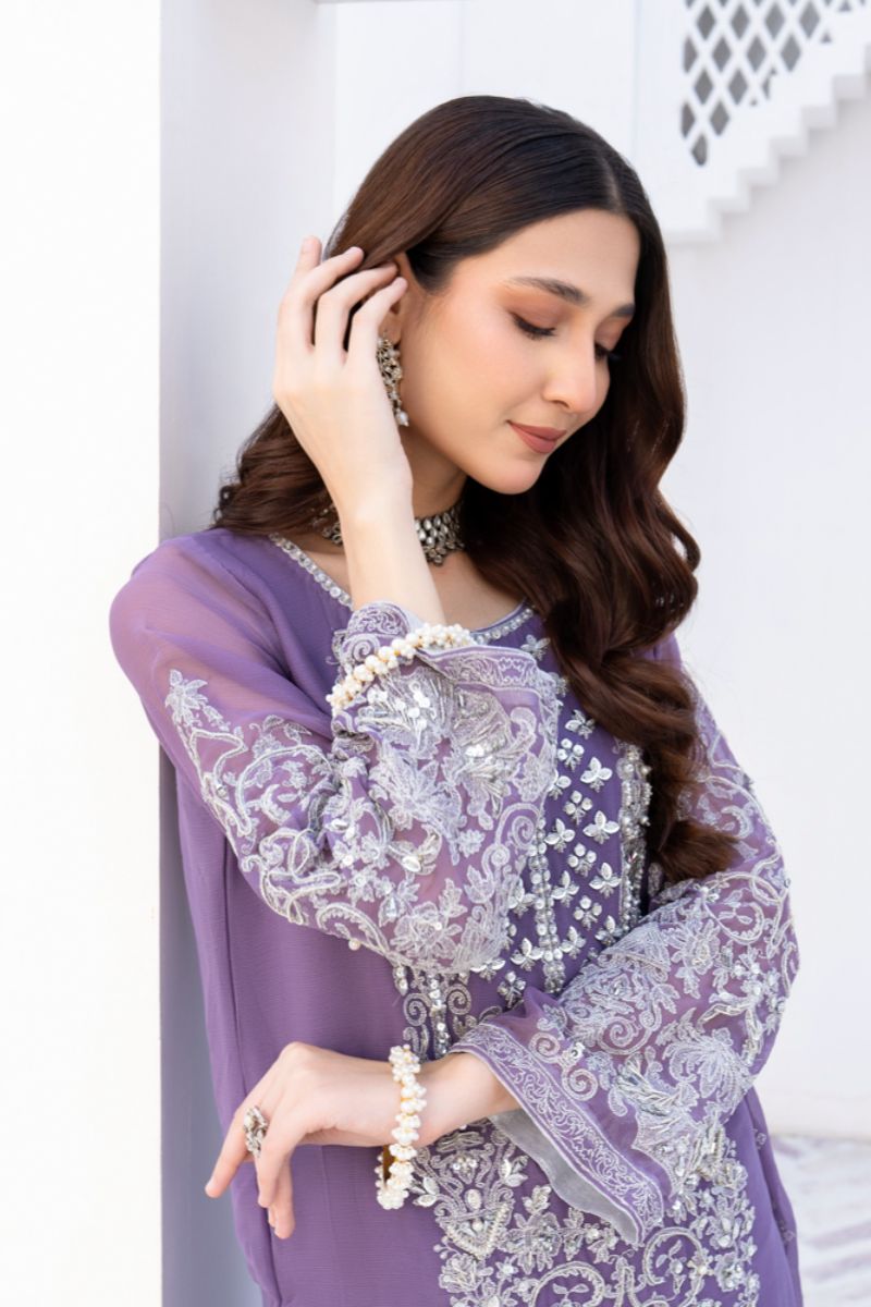 Laleen - Gulerukh Lilac Chiffon Suit For Women - Lilac - 3 Piece
