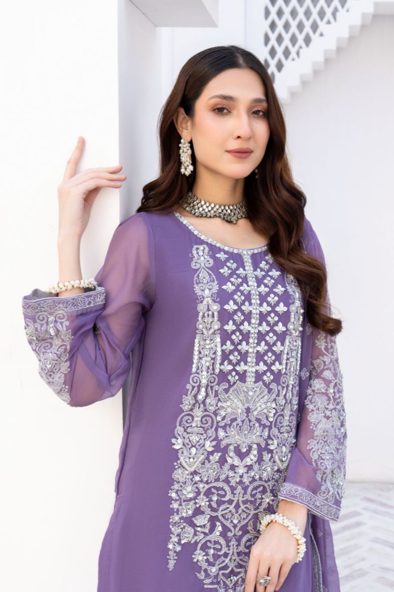 Laleen - Gulerukh Lilac Chiffon Suit For Women - Lilac - 3 Piece