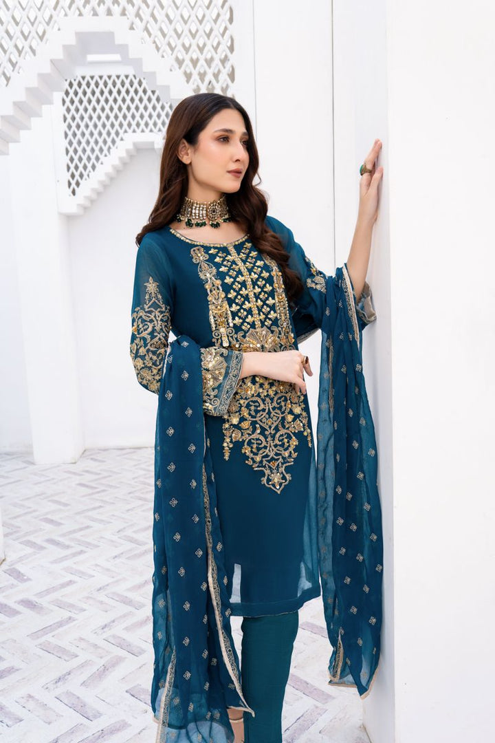 Laleen - Gulerukh Teal Chiffon Suit For Women - Teal - 3 Piece