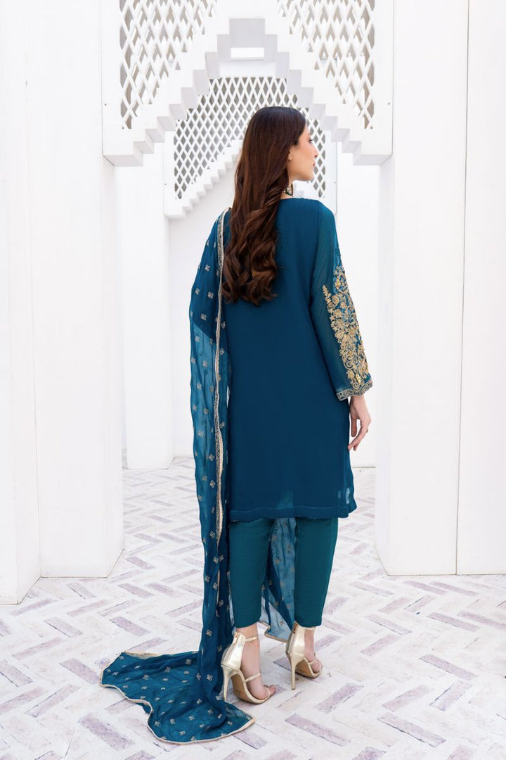 Laleen - Gulerukh Teal Chiffon Suit For Women - Teal - 3 Piece