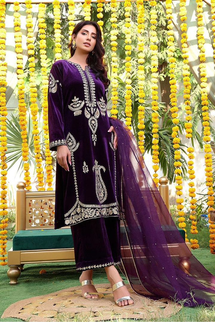 Sanas - Handwork Zari Embroidered Velvet 3 Piece Suit - ZEENAT - S202223 - Purple - Studio by TCS