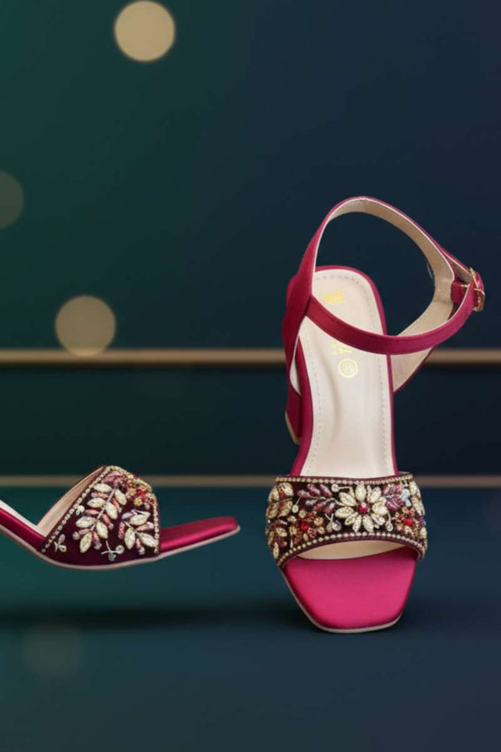 Milli Shoes - Hand Embroidered Block Heels Sandals For Women - Maroon