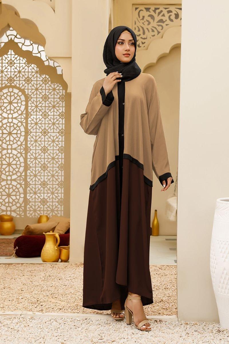 Hijabi - Bicolor Front Open Abaya - Beige and Brown