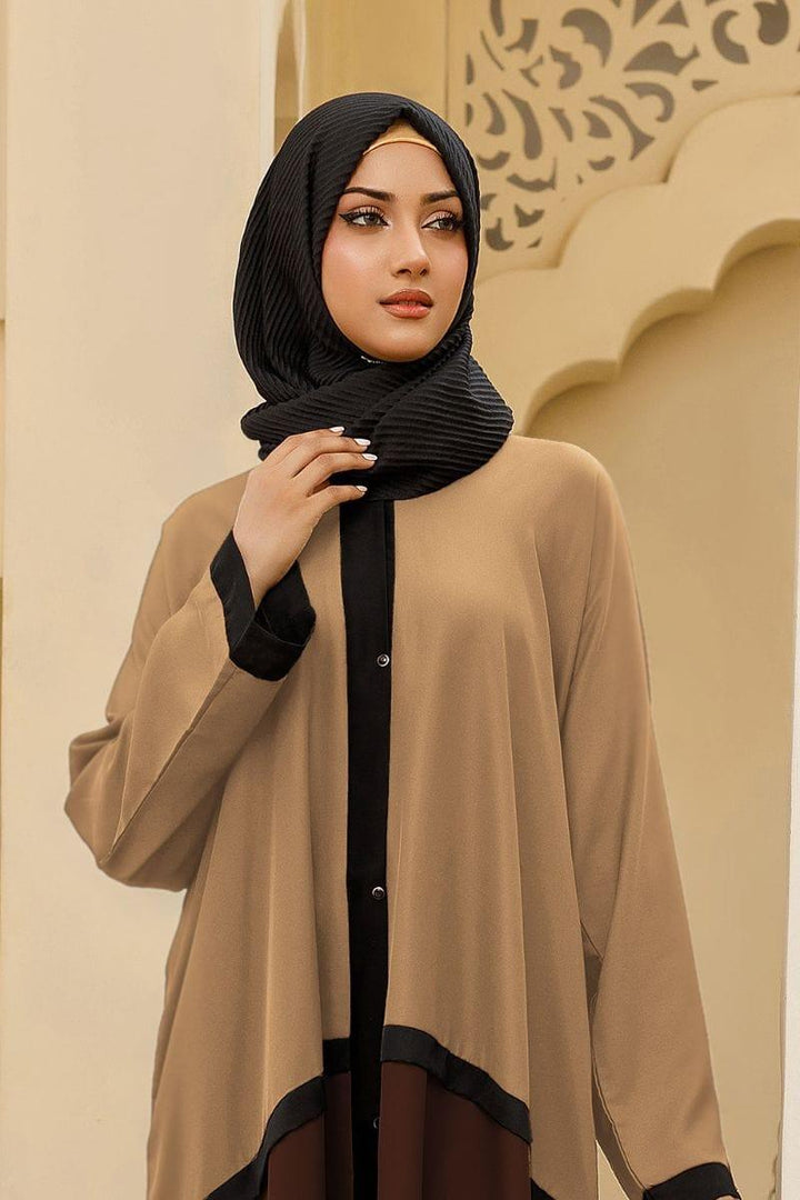 Hijabi - Bicolor Front Open Abaya - Beige and Brown