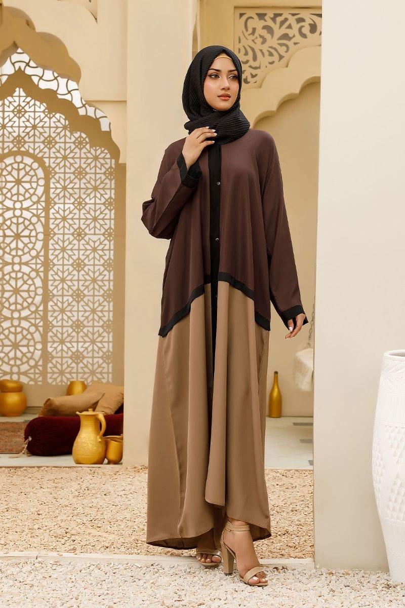 Hijabi - Bicolor Front Open Abaya Brown & Beige