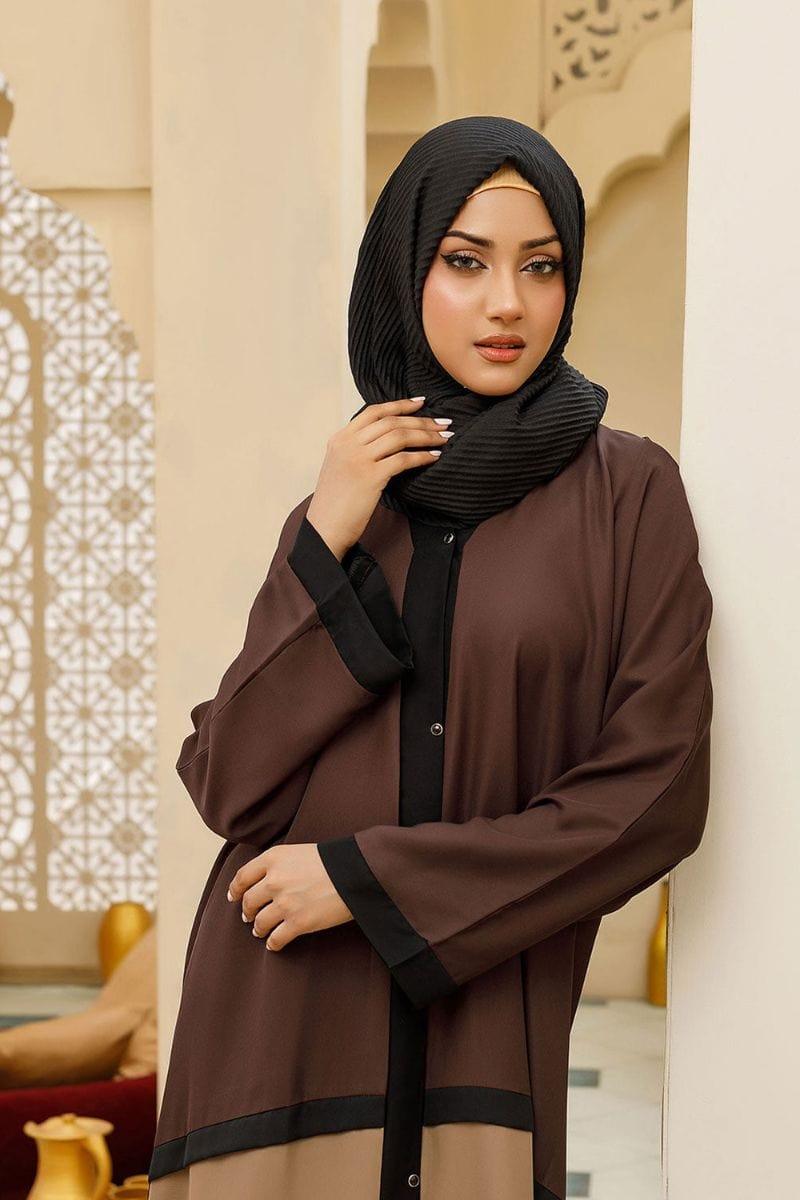Hijabi - Bicolor Front Open Abaya Brown &amp; Beige