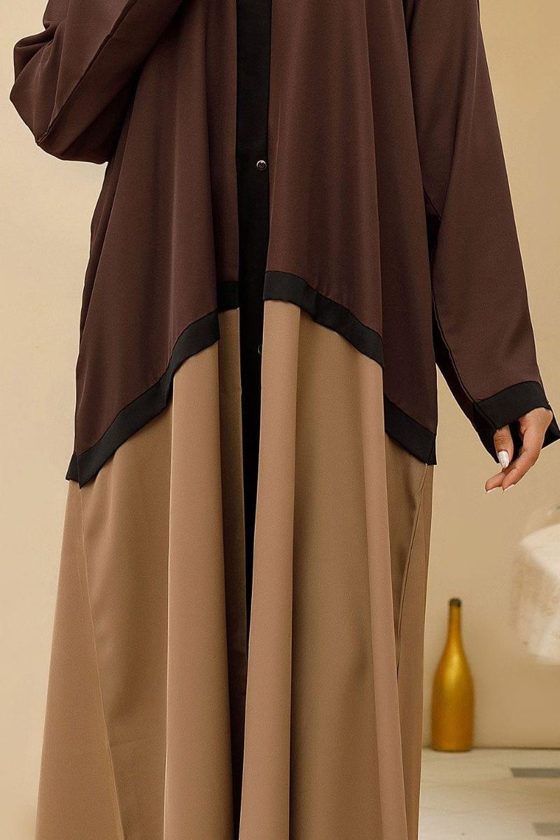 Hijabi - Bicolor Front Open Abaya Brown &amp; Beige