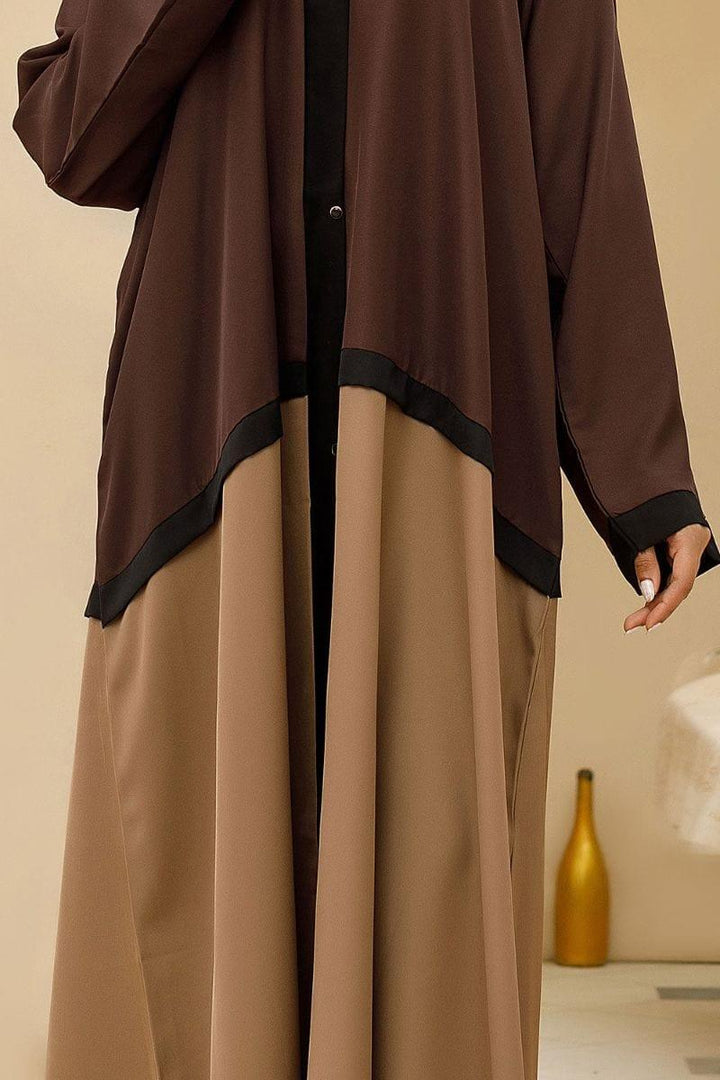 Hijabi - Bicolor Front Open Abaya Brown &amp; Beige