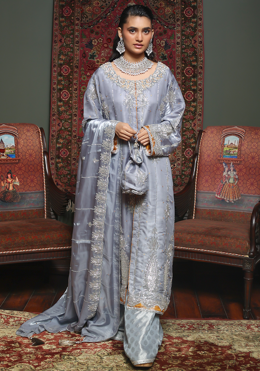 Huma Adnan - Ariyssa - Jamawar - Steel Grey - 3 Piece