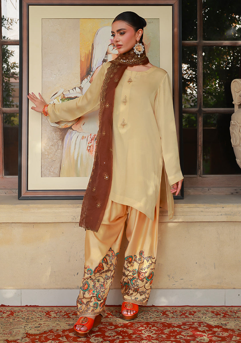 Huma Adnan Nimra Suit Beige Champagne 3 Piece