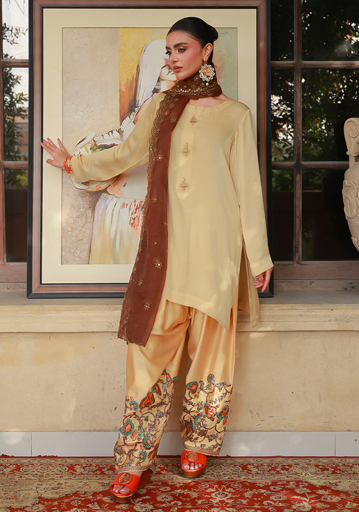 Huma Adnan Nimra Suit Beige Champagne 3 Piece