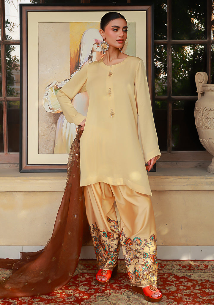 Huma Adnan Nimra Suit Beige Champagne 3 Piece