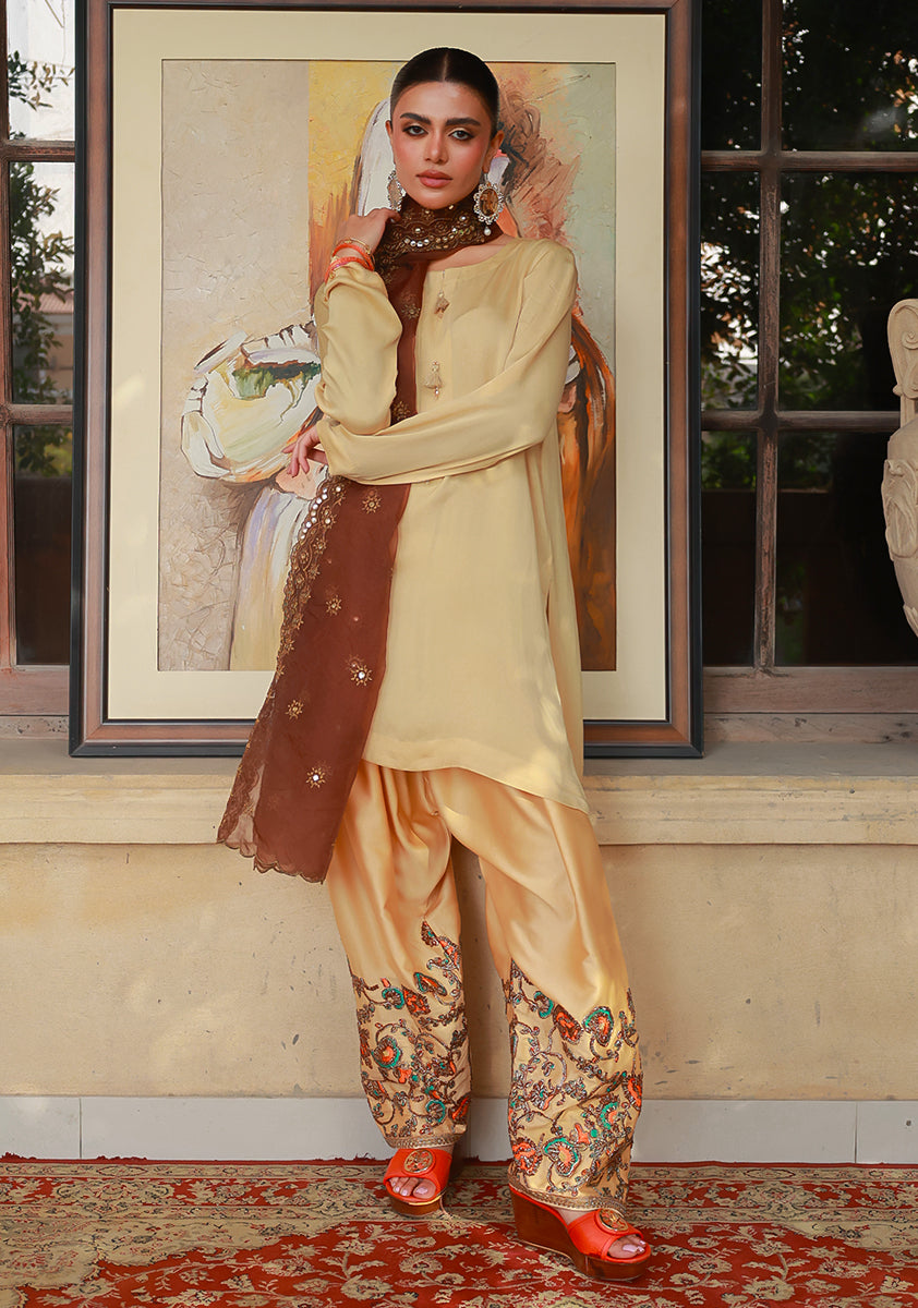 Huma Adnan Nimra Suit Beige Champagne 3 Piece