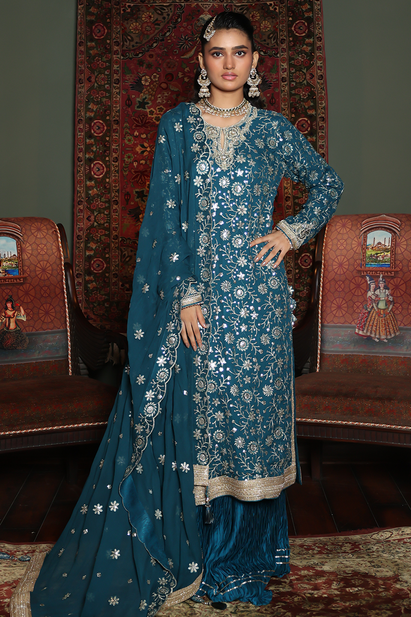 Huma Adnan - Zaveira - Silk - Teal Blue - 3 Piece