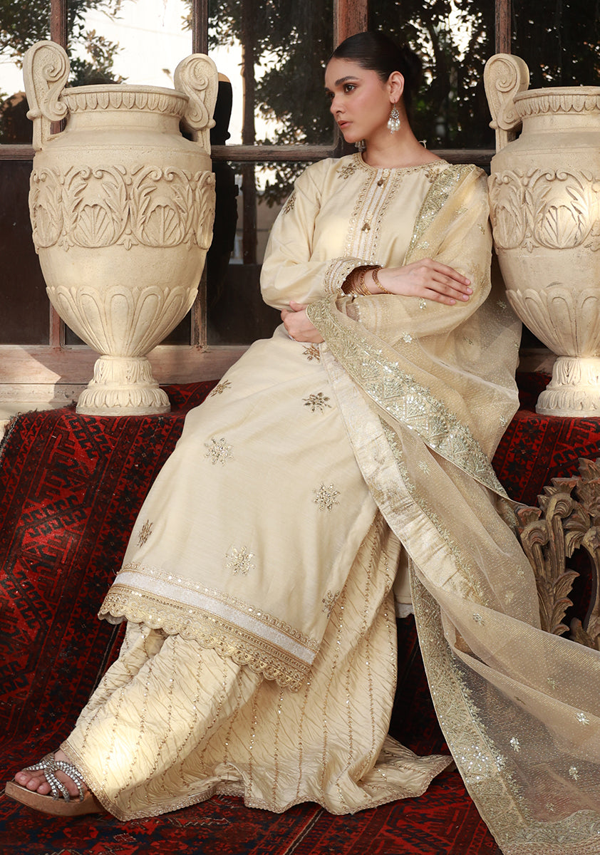 Huma Adnan emaan Suit Beige Champagne 3 Piece