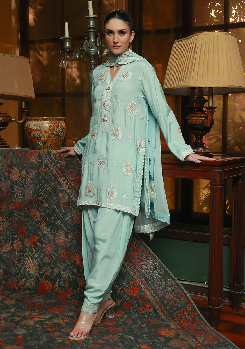 Huma Adnan rifa Suit Pastel Blue 3 Piece