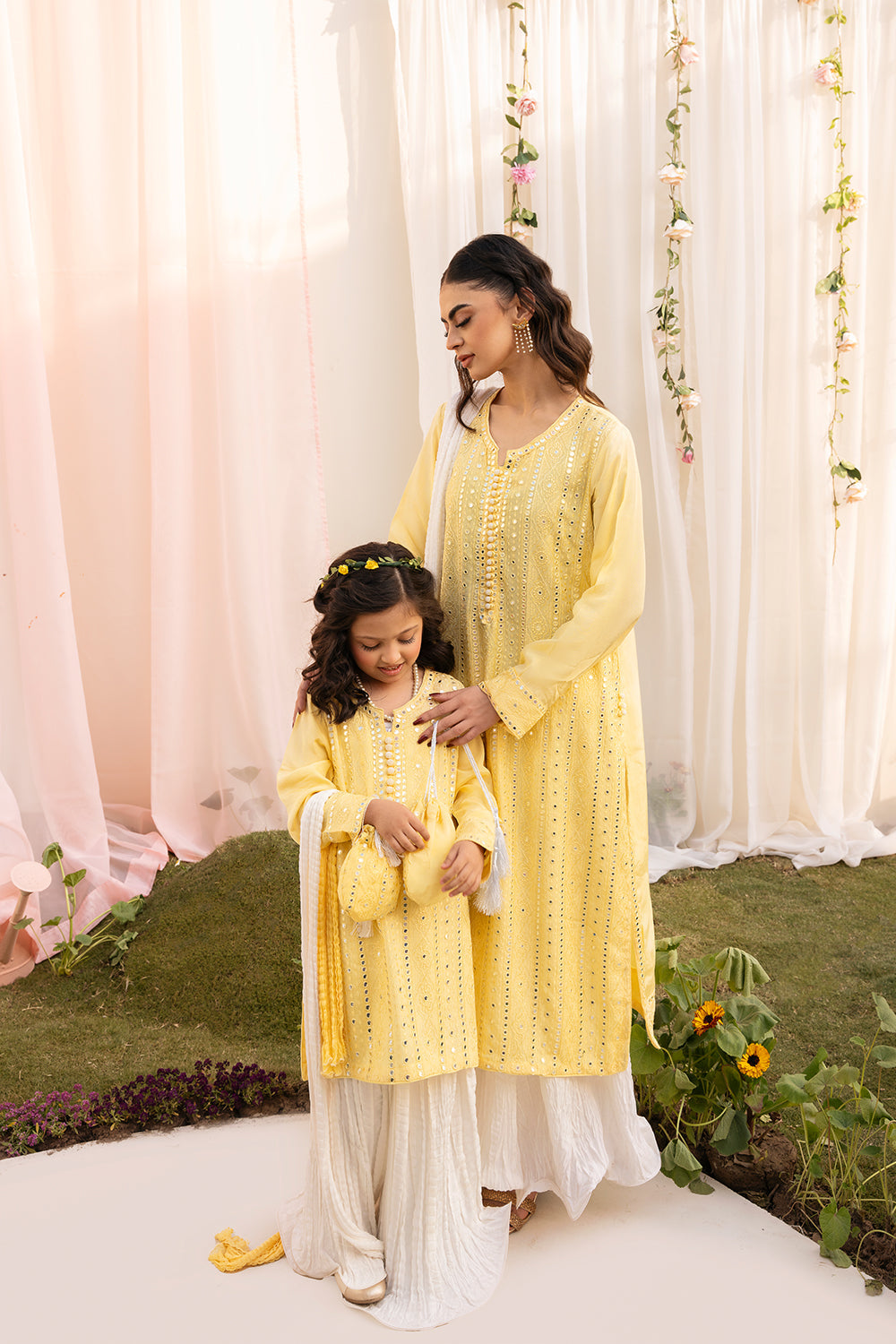 Hummingbirds - Basant Mirror and Thread embroidered Sharara Set 4 Pcs For Girl