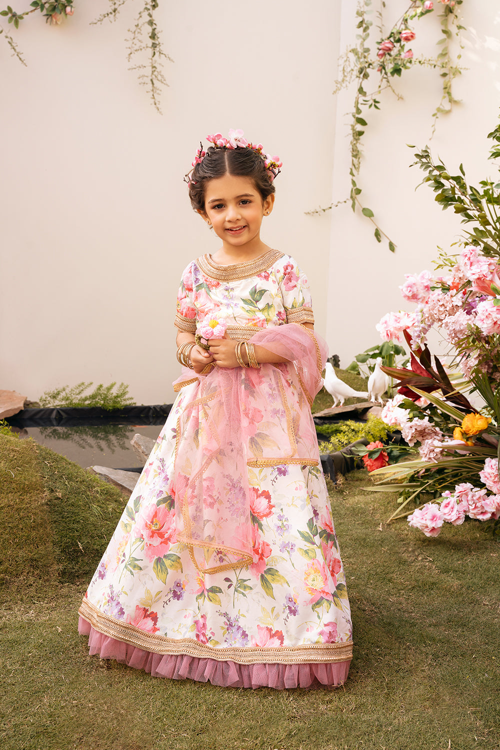 Hummingbirds - Floral Garden Silk Lengha Set For Girl