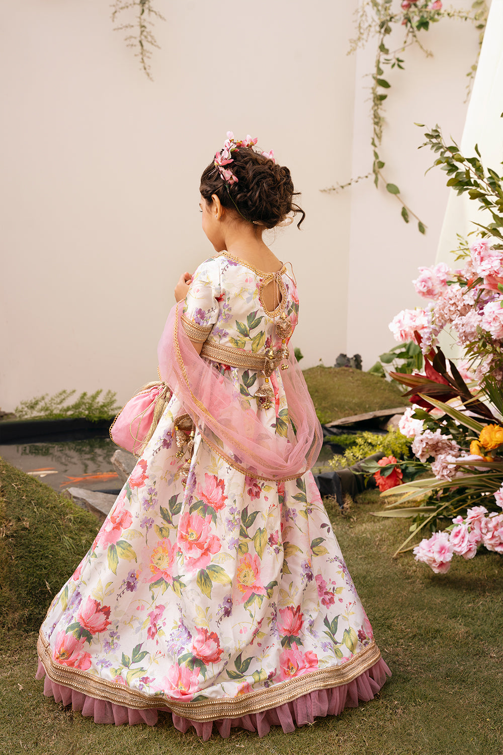 Hummingbirds - Floral Garden Silk Lengha Set For Girl