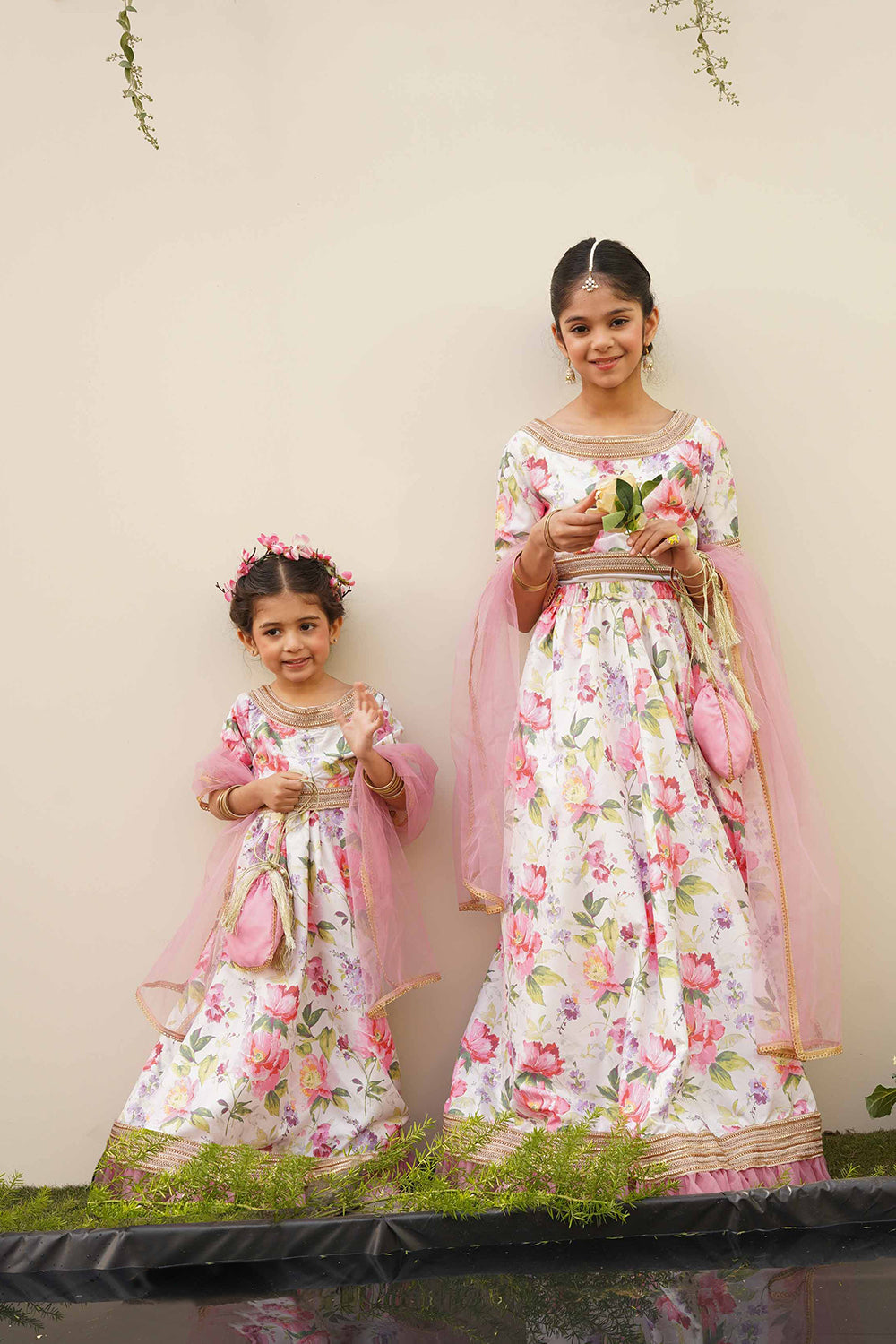 Hummingbirds - Floral Garden Silk Lengha Set For Girl
