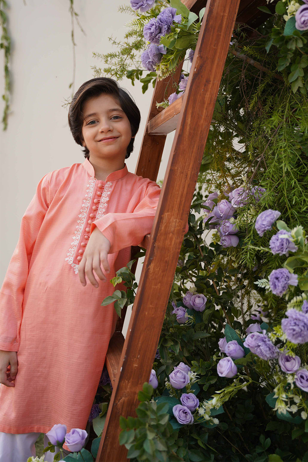 Hummingbirds - Rosy Apricot  Embroidered Kurta For Boy