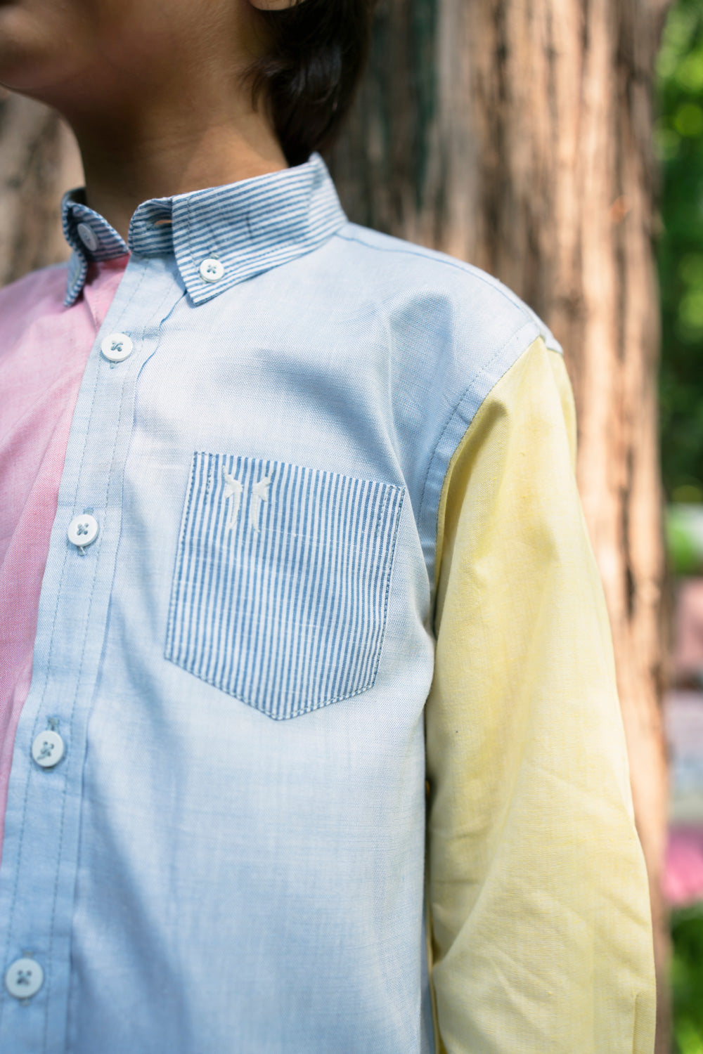 Hummingbirdspk - Color Block cotton chambray Shirt - 1 Piece