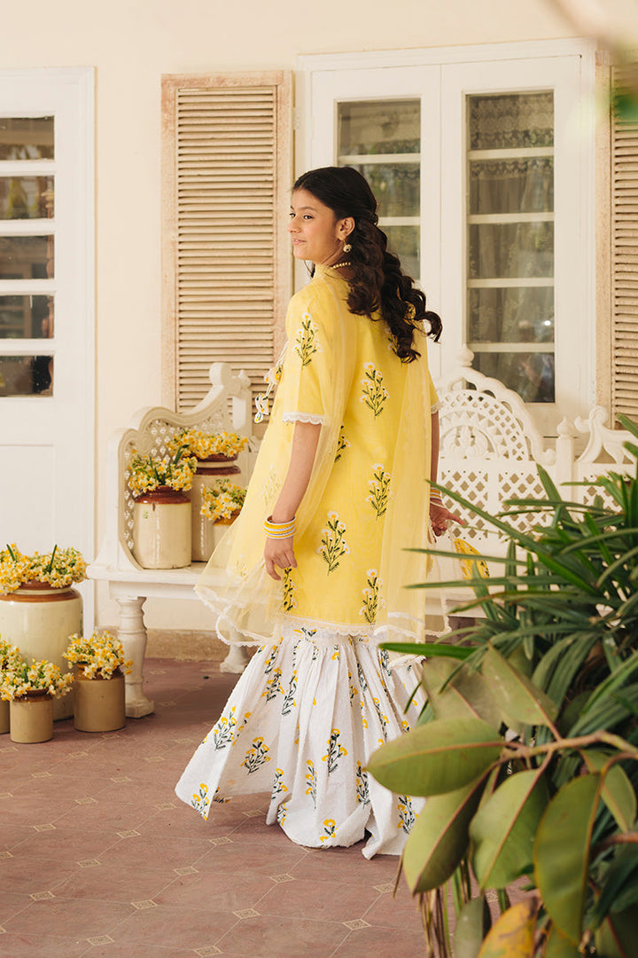 Hummingbirdspk - Jaan-e-Bahar - Yellow &amp; White Block Printed Gharara Set 4 Piece