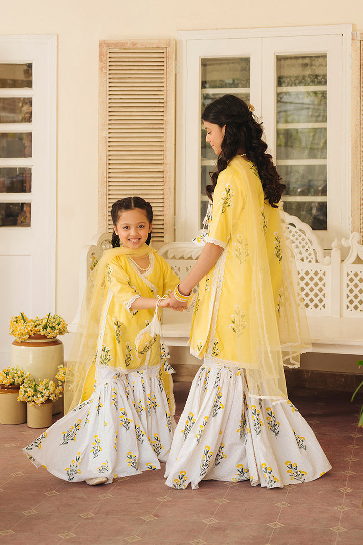 Hummingbirdspk - Jaan-e-Bahar - Yellow &amp; White Block Printed Gharara Set 4 Piece
