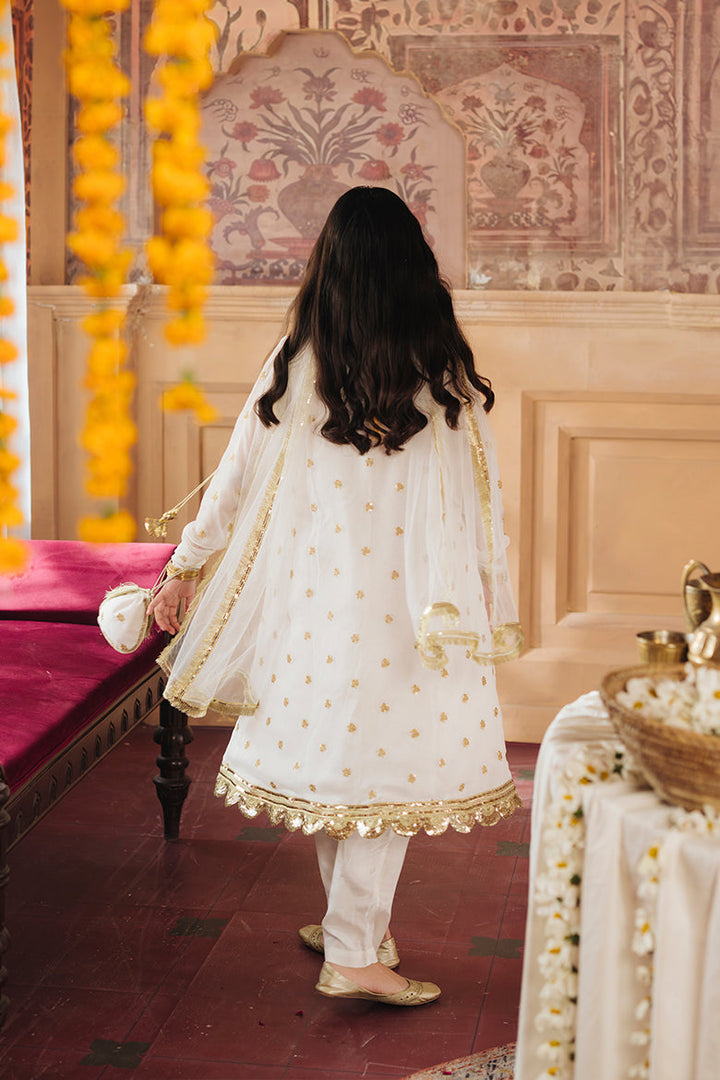 Hummingbirdspk - Nargis - White &amp; Gold embroidered Chiffon Angrakha Suit-(4-Piece)