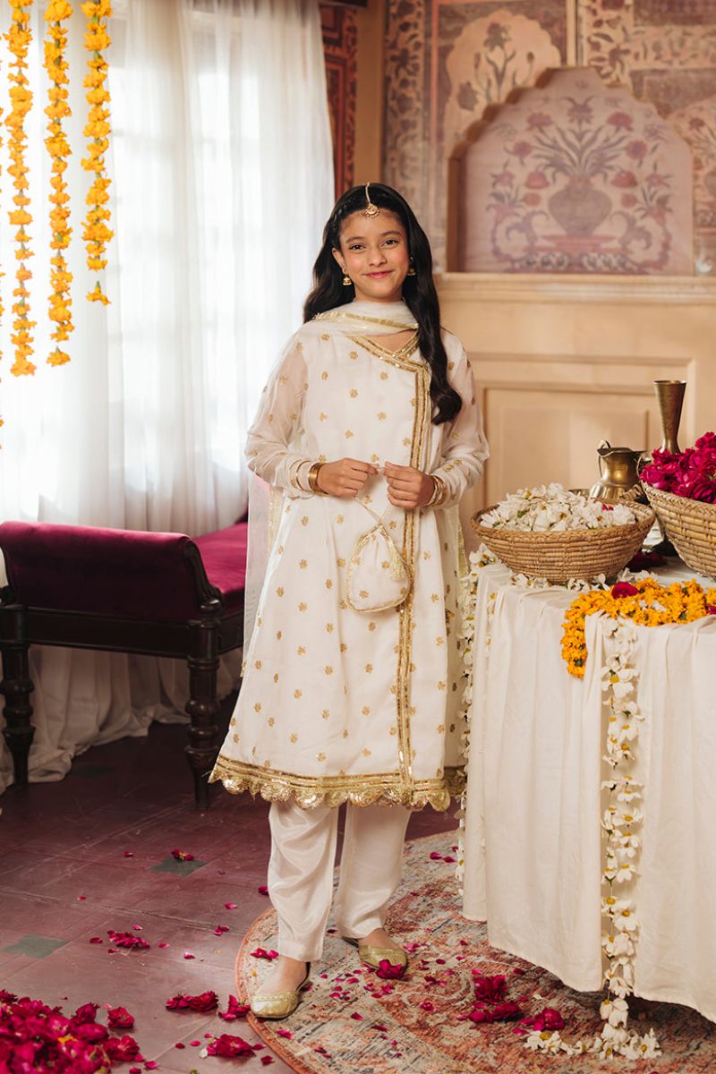 Hummingbirdspk - Nargis - White & Gold embroidered Chiffon Angrakha Suit-(4-Piece)
